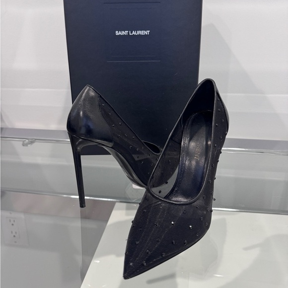 YSL Saint Laurent Black Anja Rhinestone Mesh Heels (sz 35.5) - Picture 1 of 16
